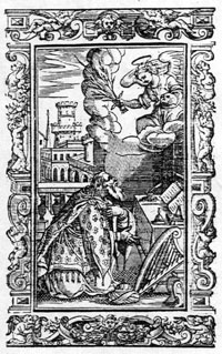 Frontispiece showing Pjetër Budi at prayer. From Budi's "Paschyra e të rrëfyemit", Rome 1621 (Vatican Library, Racc. Gen. Liturgia V. 35).